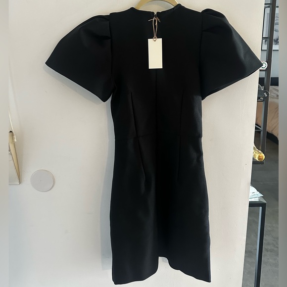 Black Mini Sheath Dress with Puff Cap Sleeves and Gray Bows - Picture 2 of 5